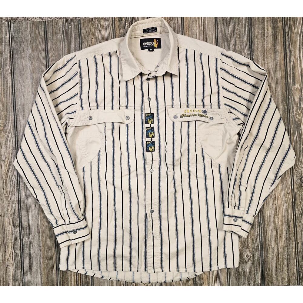 Vintage Sasson Classic Wear Long Sleeve Button Up Stripe Shirt M 90s Embroidered